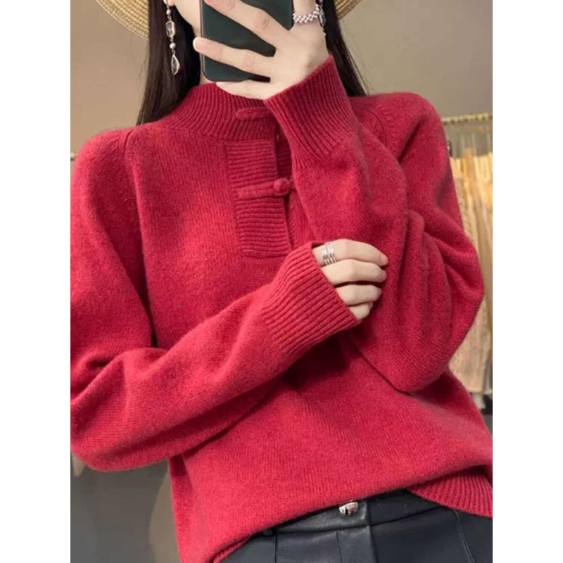中国风中式复古盘扣2025秋冬新款半高领毛衣宽松加厚针织打底衫