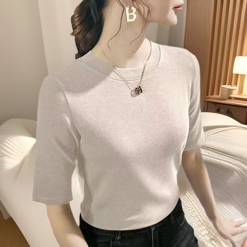 2025 New Round Neck Mid-sleeve Base Shirt Women's Summer Trendy Slim-fit T-shirt All-match Half-sleeve plus size