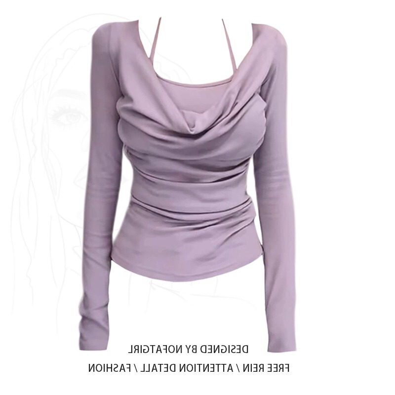 Pure Desire Style Swing Neck Hanging Neck Fake Two-piece Long-sleeved T-shirt Women's Spring and Autumn New Slim-fit Elegant All-match Top Ins Trendy