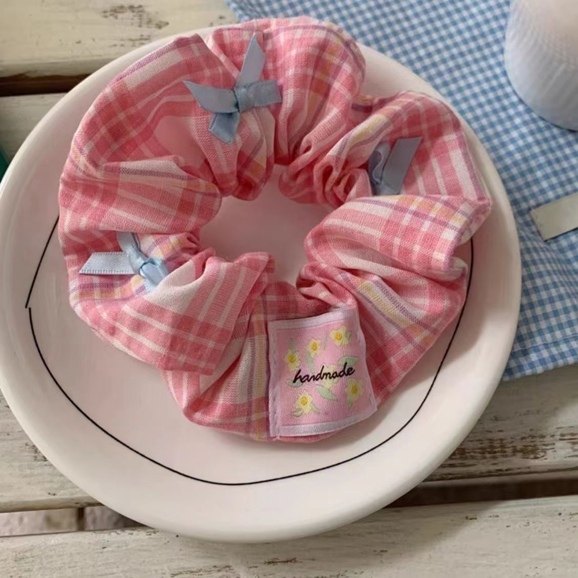 9#격자 무늬 보우 핑크