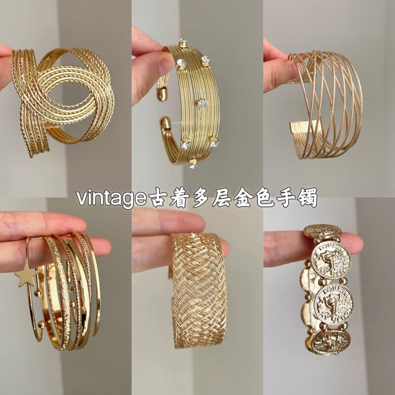 Vintage Gold Stackable Bracelets for Women, European and American Style, Bold and Unique, Adjustable Open-Ended Wrist Jewelry Vintage Gold Stackable Bracelets for Women, European and American Style, Bold and Unique, Adjustable Open-Ended Wrist Jewelry