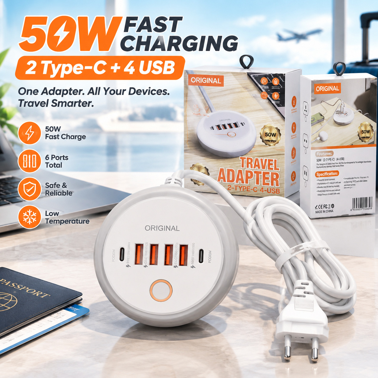 跨境新款圆形PD50W多口快充排插多功能带灯4USB+双Type-C智能充头