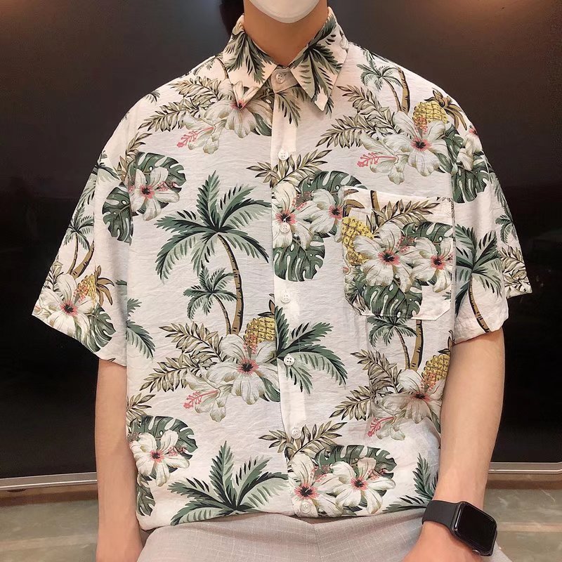 海南岛服三亚夏威夷沙滩坠感花衬衫男美式痞帅复古港味衬衣情侣潮