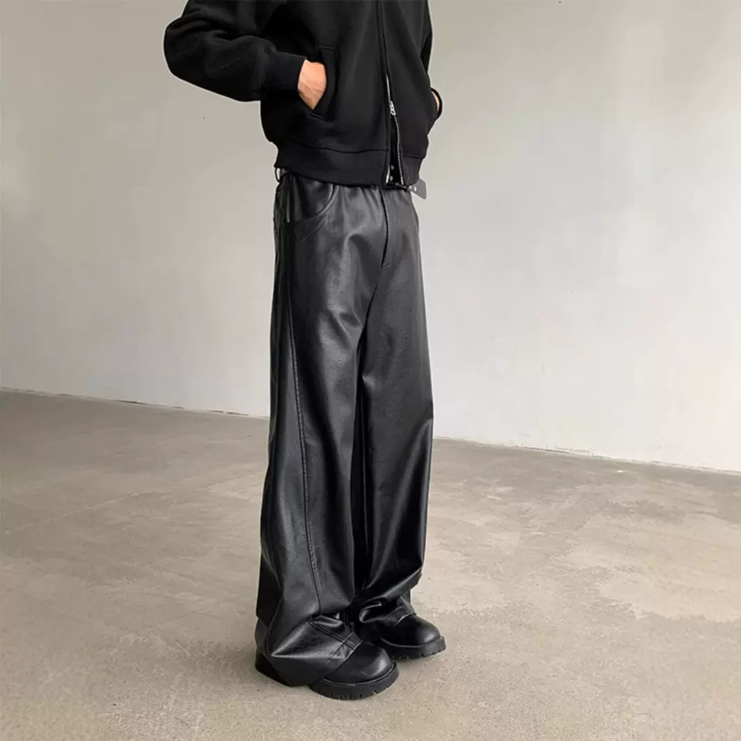 2025年新款潮牌立体剪裁PU皮裤男宽松高级感vibe直筒阔腿休闲裤