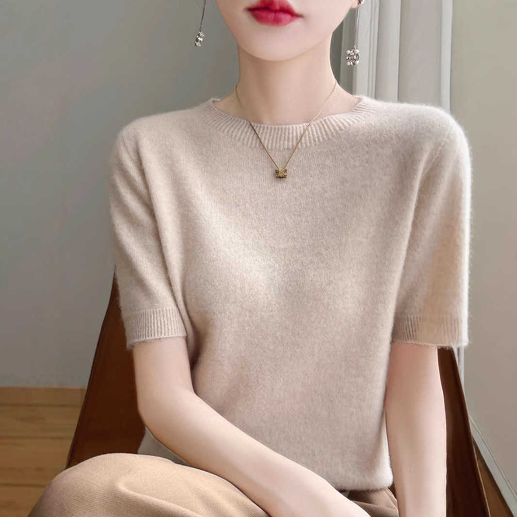 Spring elegant knitted short sleeve T-shirt with a round collar for…