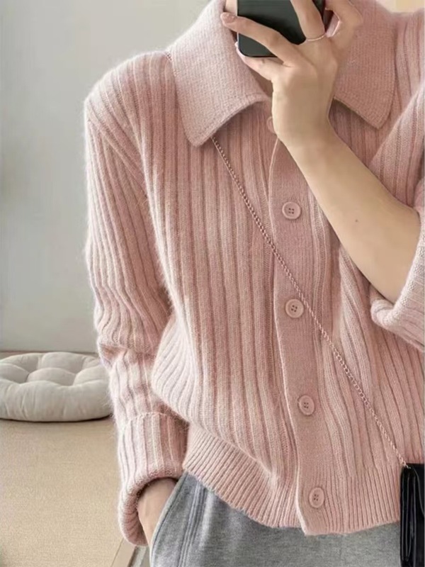 赵思璐时尚短款坑条POLO领羊毛针织开衫女秋冬加厚宽松显瘦羊|undefined