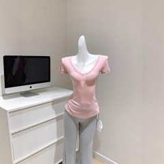 夏用テンセルクールVネックスリム半袖Tシャツレディース微透けウエストピンチ甘辛カジュアルトップス