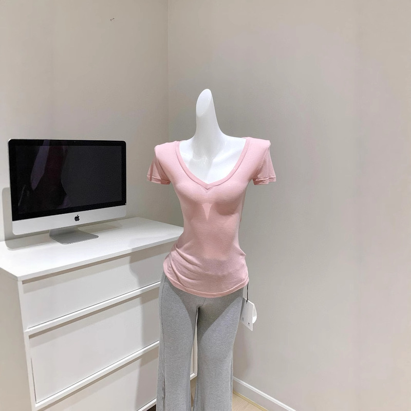 夏用テンセルクールVネックスリム半袖Tシャツレディース微透けウエストピンチ甘辛カジュアルトップス|undefined