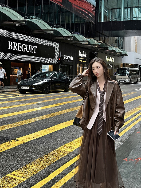 ZQ子晴 旧梦摩卡＇深棕色西装皮衣女秋季新款小众高级感宽松外套|undefined