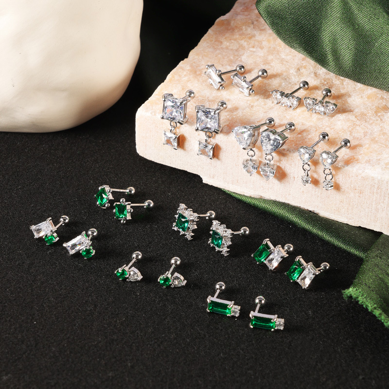 2022 New Emerald Diamond CZ Stainless Steel Earrings Fashion Ear Studs for Women Ear Bone Nail Titanium Steel Ear Pin detail image 10
