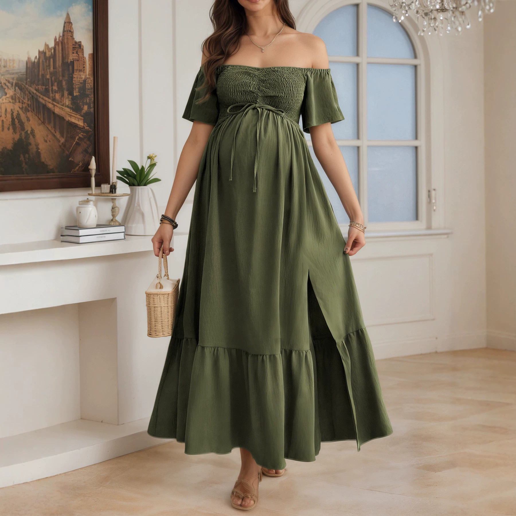 European and American style off-shoulder long dress with adjustable drawstring, high waistline, slit, lightweight and breathable summer maternity maxi dress
