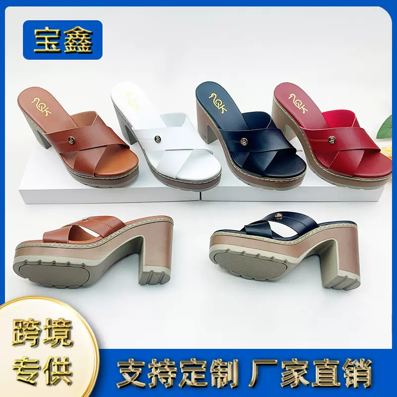 跨境时尚凉鞋2025春夏新款粗高跟一字鱼嘴凉拖鞋外穿欧美罗马拖鞋