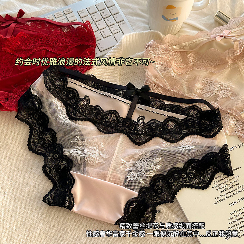 Lace sexy underwear ladies French satin pure want hollow cotton crotch breathable girl low waist briefs wholesale
