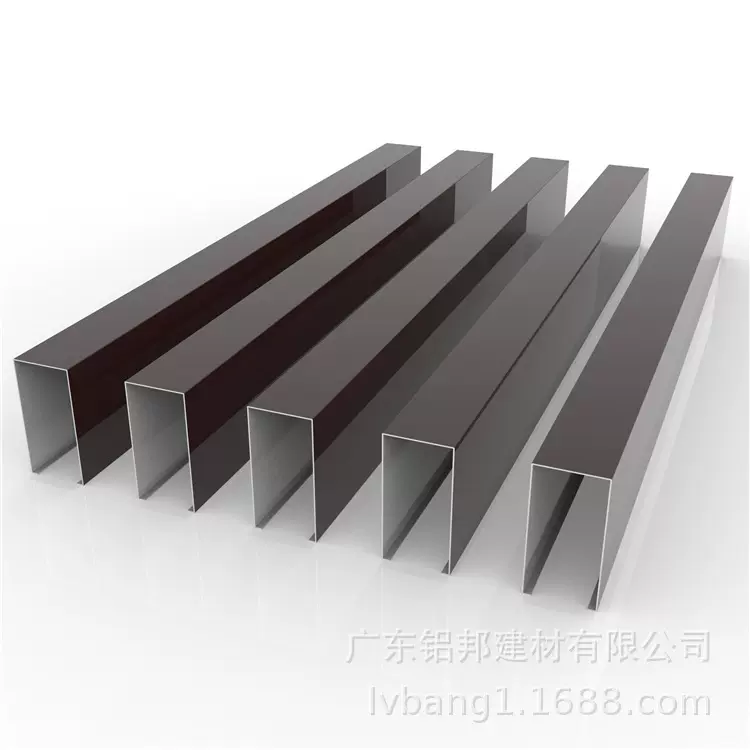 深咖色铝方通吊顶厂家 办公楼铝格栅天花 店招50*100U型木纹方通