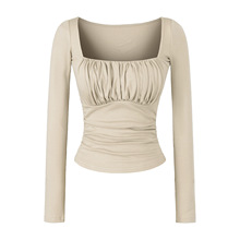 性感方领褶皱长袖T恤2025秋冬新款带胸垫收腰打底衫纯欲显瘦上衣