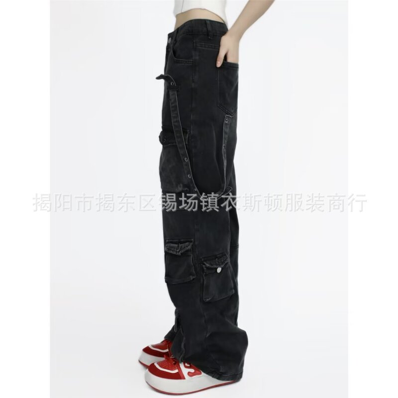 黑色水洗多口袋牛仔裤女胖mm大码夏季高腰宽松直筒裤阔腿工装裤子|undefined