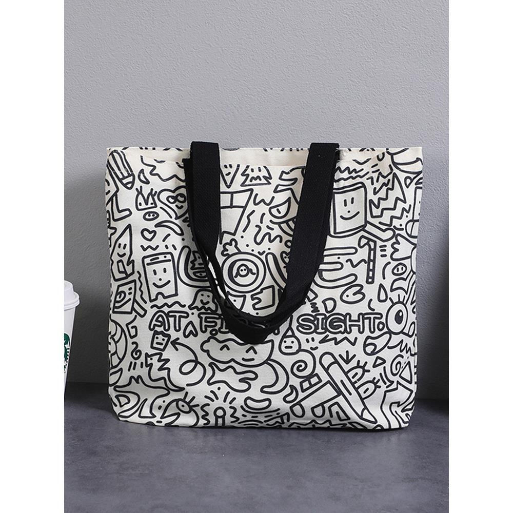 책 통근 학생 헝겊 가방 대용량 핸드백 2024 책 캔버스 가방 여성용 어깨 캔버스 가방 새로운 스타일