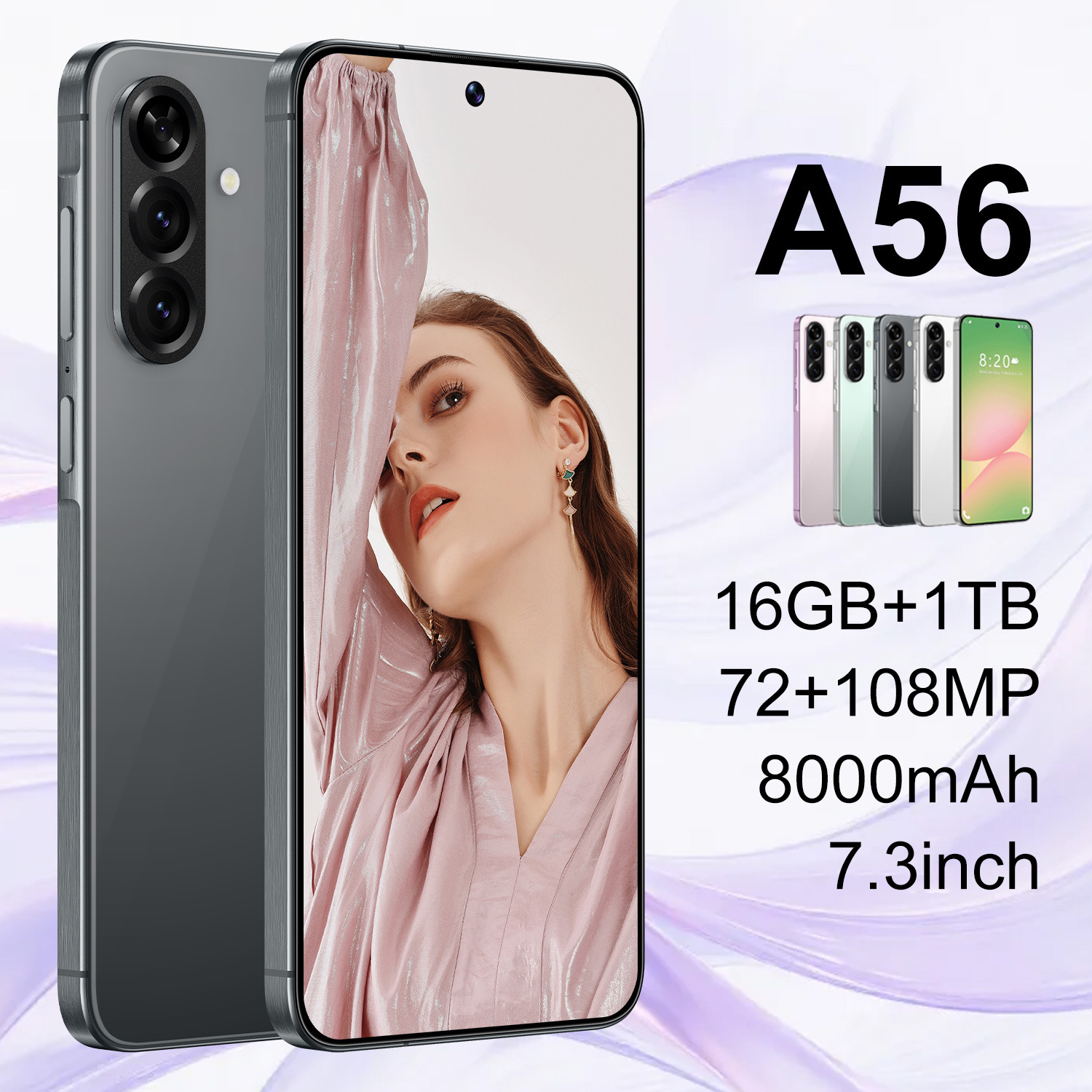 新款跨境手机A56 7.3寸中孔屏4+64GB全网通4G安卓12 外贸智能手机