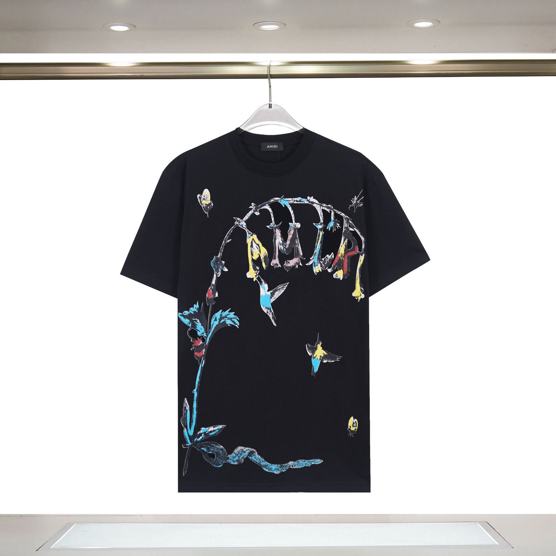 Amiri Cross-Border New AMIRI Letter Logo Hot Drilling Craft para hombres y mujeres camisetas de manga corta sueltas