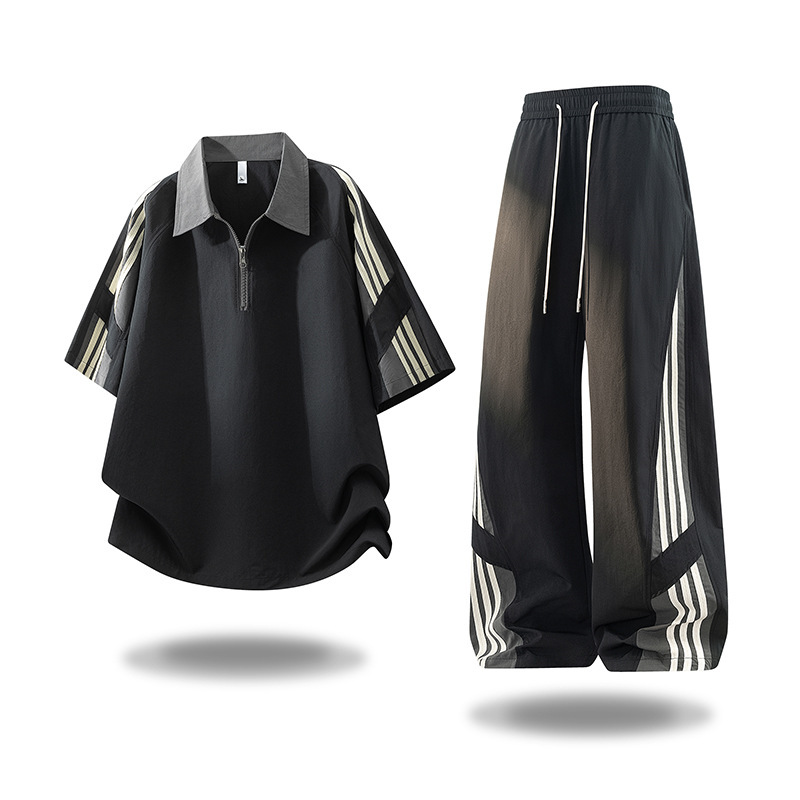 2026 New Summer Style Men's Quick-Drying Breathable Short-Sleeved T-Shirt and Long Pants Two-Piece Loose Sports Cross-Border Suit for Men