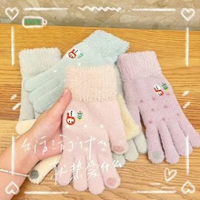 新款加绒加厚保暖雪人刺绣触屏手套童女士冬季针织手套批发