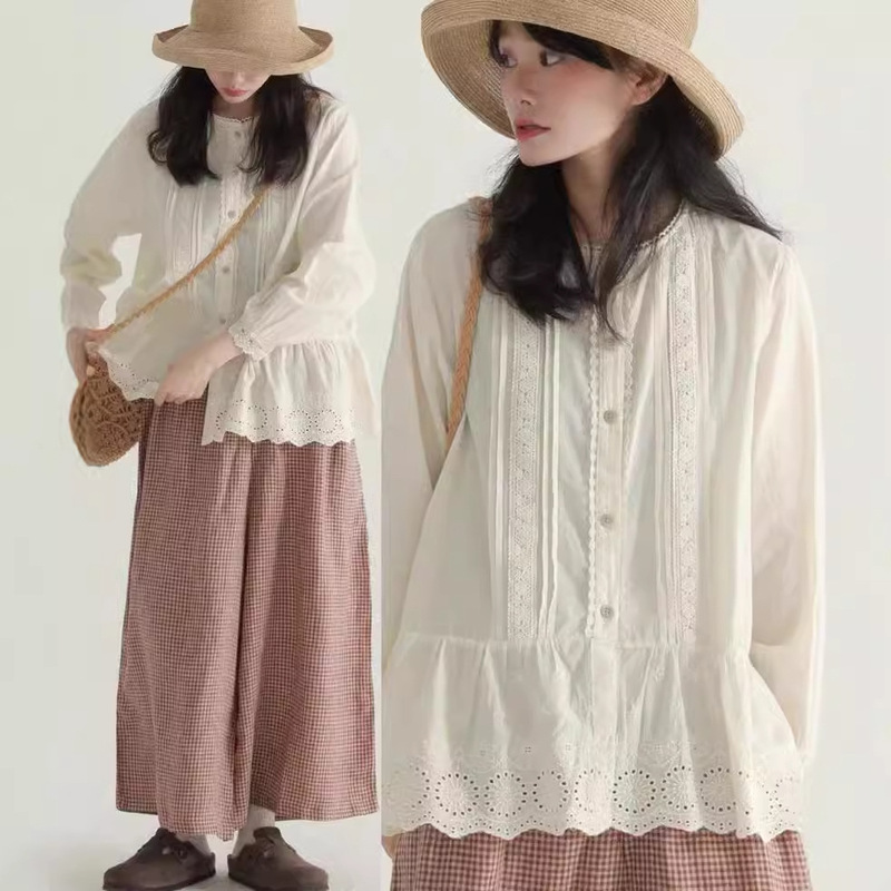 Japanese and Korean Lace Hollow Shirt New Cotton Round Neck Embroidered Doll Shirt Front Button Loose Lantern Sleeve Women