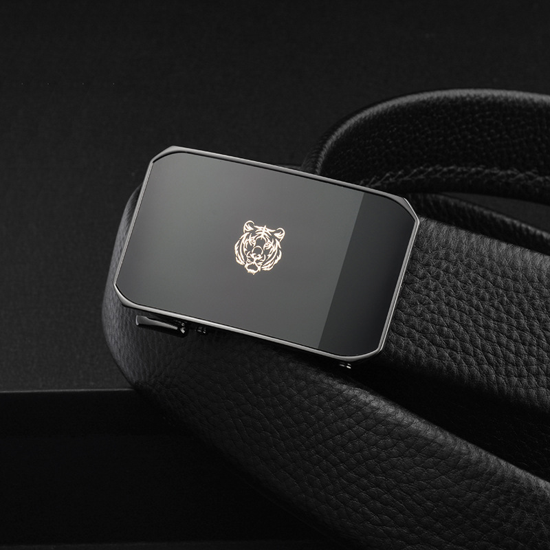 New Men's Leather Belt, Born in The Year of The Tiger, Automatic Buckle for Underwear, Tiger Head Logo, Lychee Pattern Edging Belt_voghion.com
