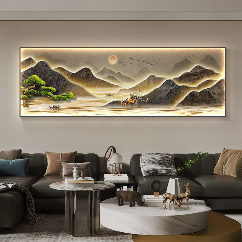 背有靠山新中式客厅装饰画麋鹿沙发背景墙挂画办公室山水风景壁画|undefined