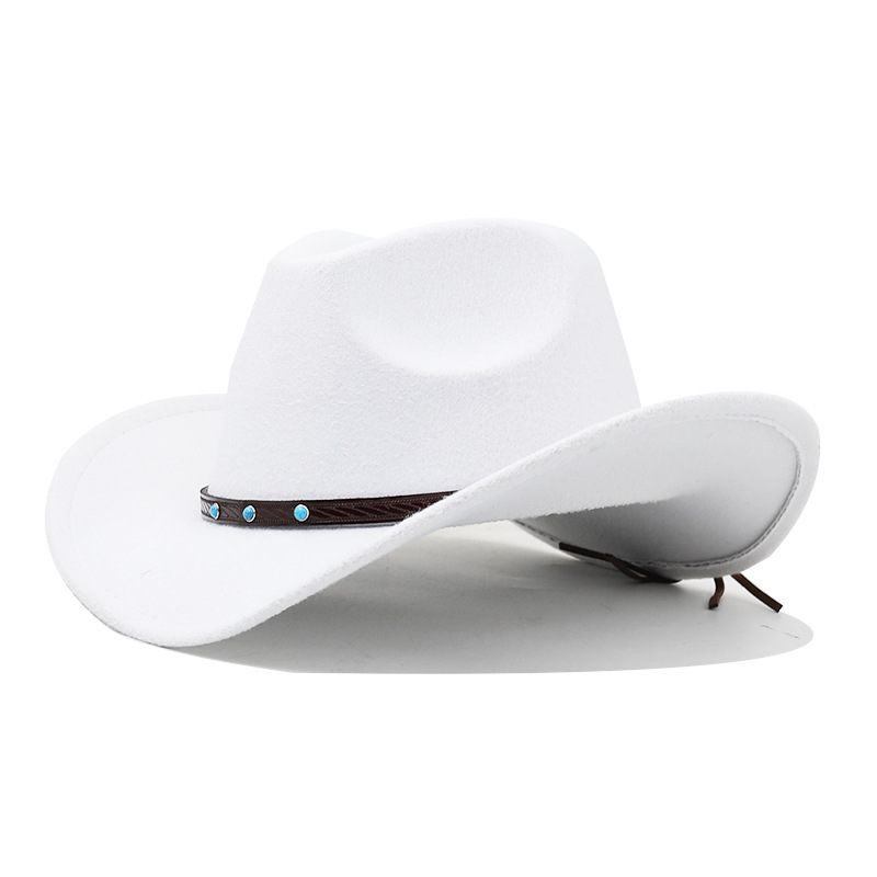 Cappello unisex semplice deformato cappello jazz in lana cappello a cilindro blu turchese cintura tinta unita cappello da cowboy western_voghion.com