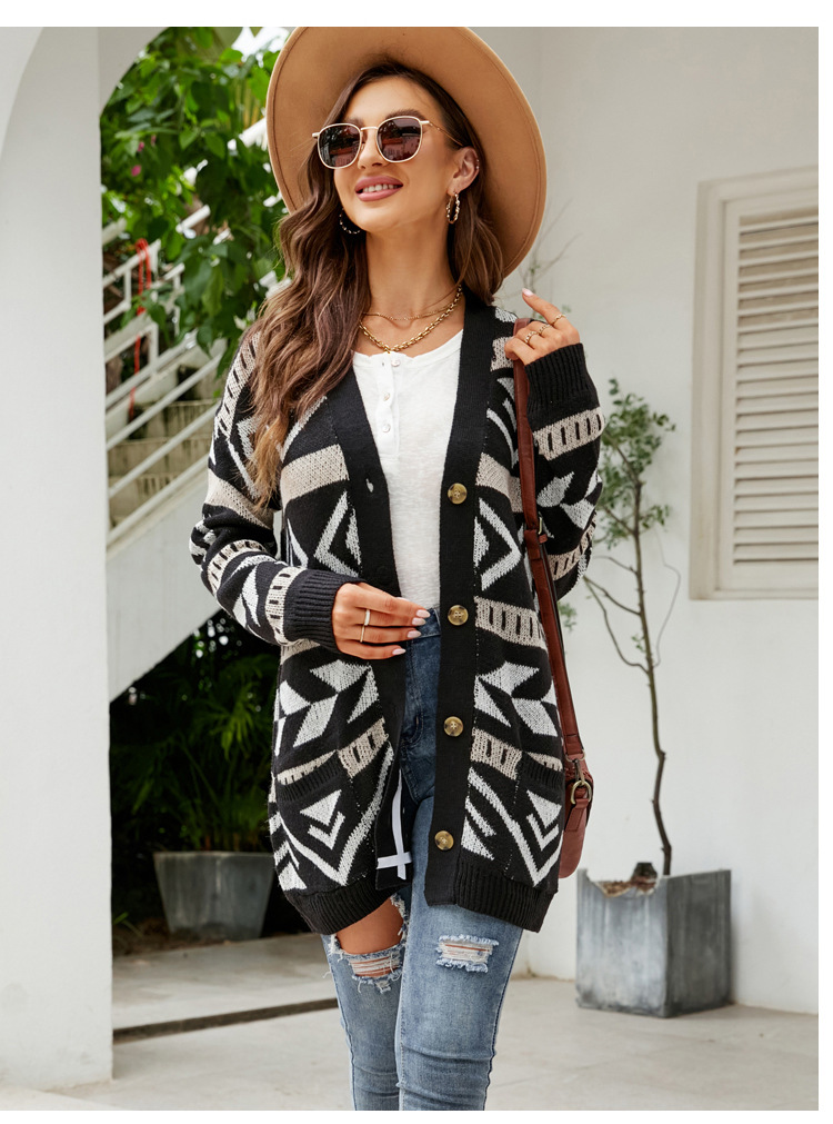 Damen Strickjacke Mit Diamantmuster Weiter Jacquard Cardigan_voghion.com