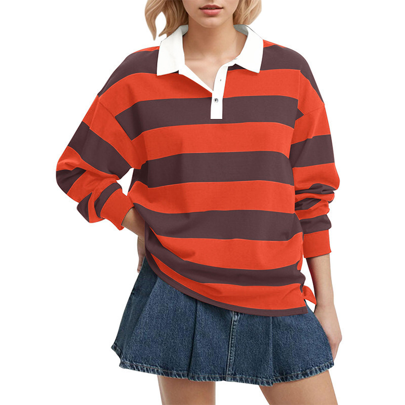 Amazon European and American Cross-Border Women's Long-Sleeved Stripesd T-Shirt Autum New Casual Versatile Loose Lapel Top