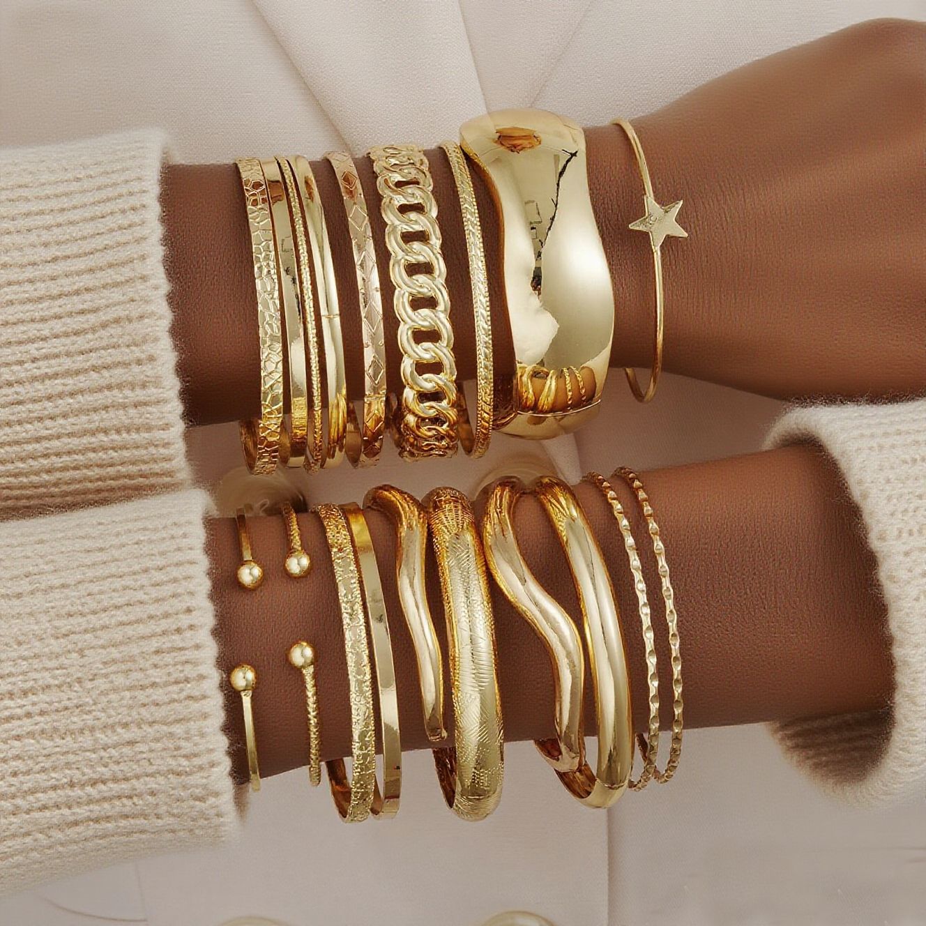 Europa y los Estados Unidos venta cruzada en caliente pentagrama ancho oro brazalete conjunto de pulsera de abertura ondulado lujoso viento plegable pulsera