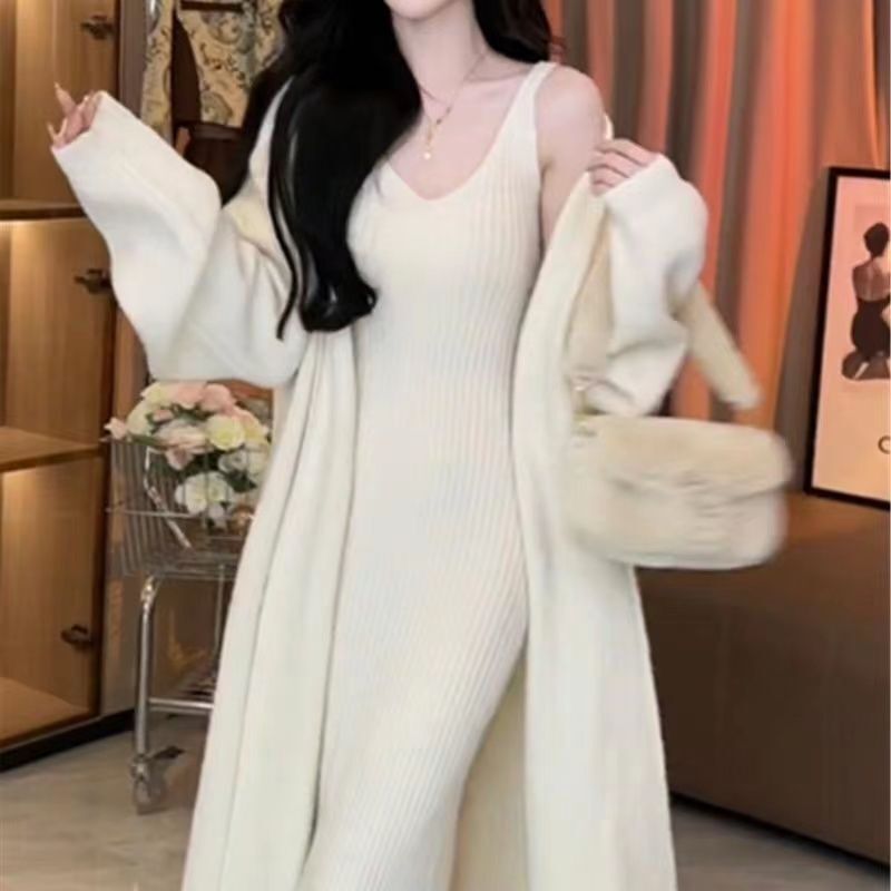松霜绿针织显身材外套连衣裙气质女神高级毛衣长裙两件套|undefined