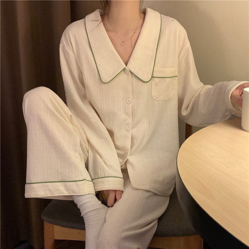 Al por mayor transfronterizo primavera y otoño nuevo pijama cardigans cuello grande pantalones de manga larga jacquard algodón sólido comercio exterior
