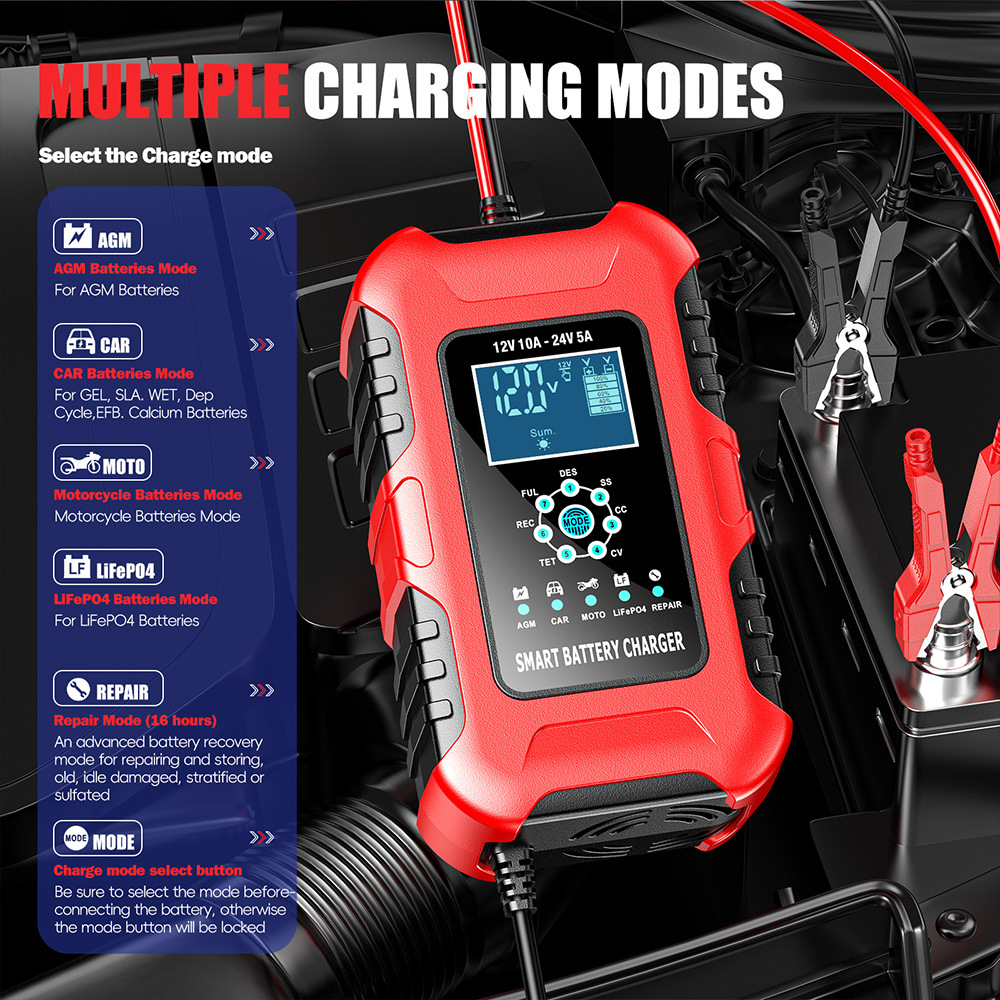 12V10A 24V5A battery charger, lead-acid battery charging and pulse repair device, red, European standard
