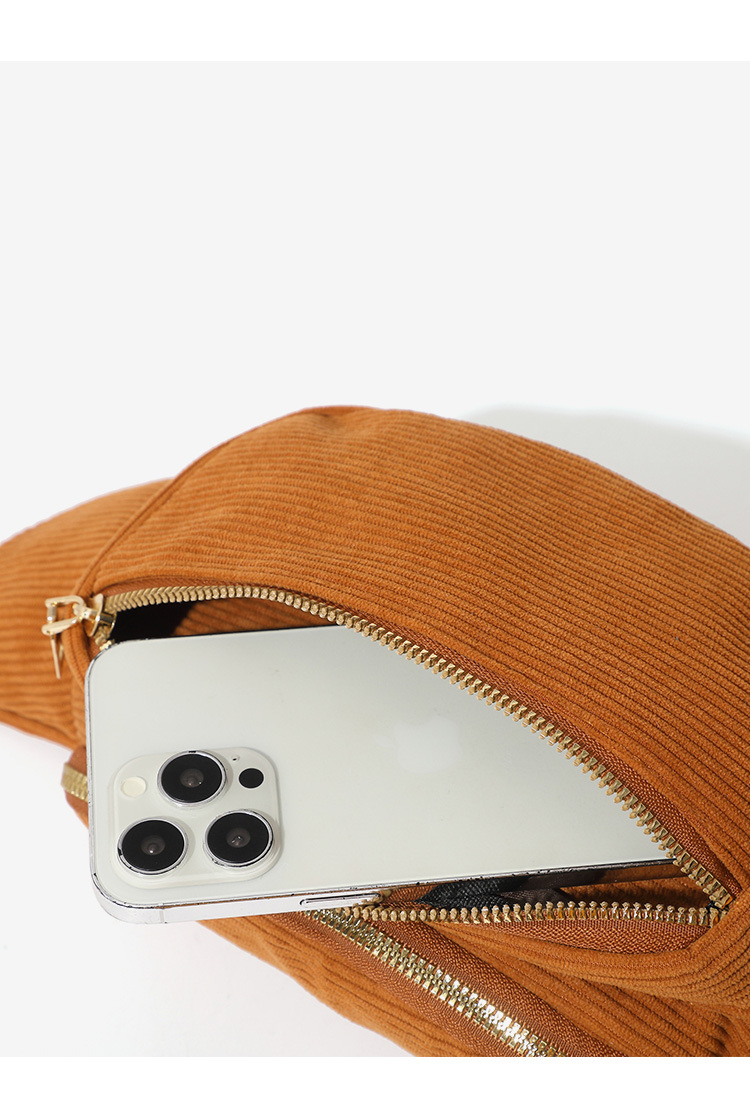 101g Weight Polyester Lining Material Zipper Closure Type Single Shoulder Strap Strap Type Fanny Pack Bags Type Casual, Street Occasion Corduroy Material Solid Color Pattern Spring Season Women's Gender Streetwear Style Dumpling Shape Shape Medium Size Women's Streetwear Solid Color Corduroy Waist Bags 10