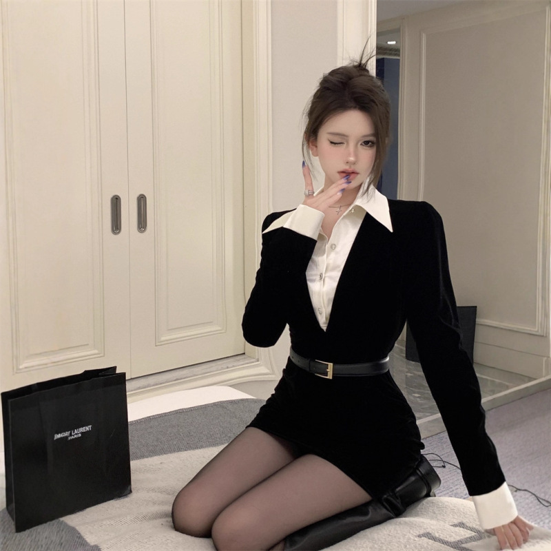 Fake Two-Piece Royal Sister Style Black Waist Slimming Autumn and Winter New Pure Lust Style Short Skirt Sexy Hip-Hugging Dress for Women Fake Two-Piece Royal Sister Style Black Waist Slimming Autumn and Winter New Pure Lust Style Short Skirt Sexy Hip-Hugging Dress for Women