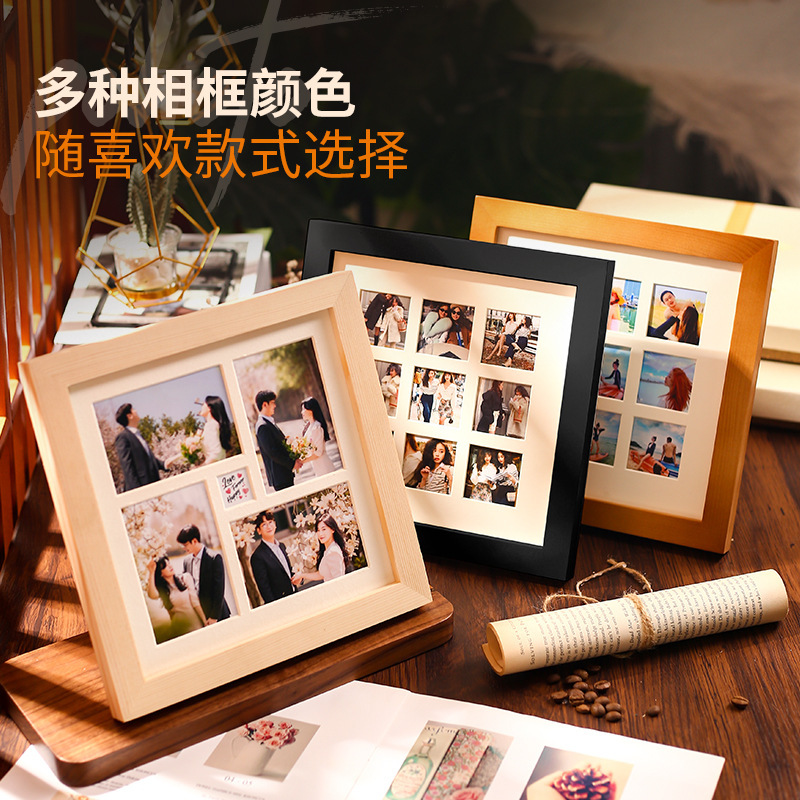 Multi-Grid Creative Solid Wood Photo Frame Wall Hanging Table Photo DIY Puzzle Frame Couple Commemorative Birthday Gift