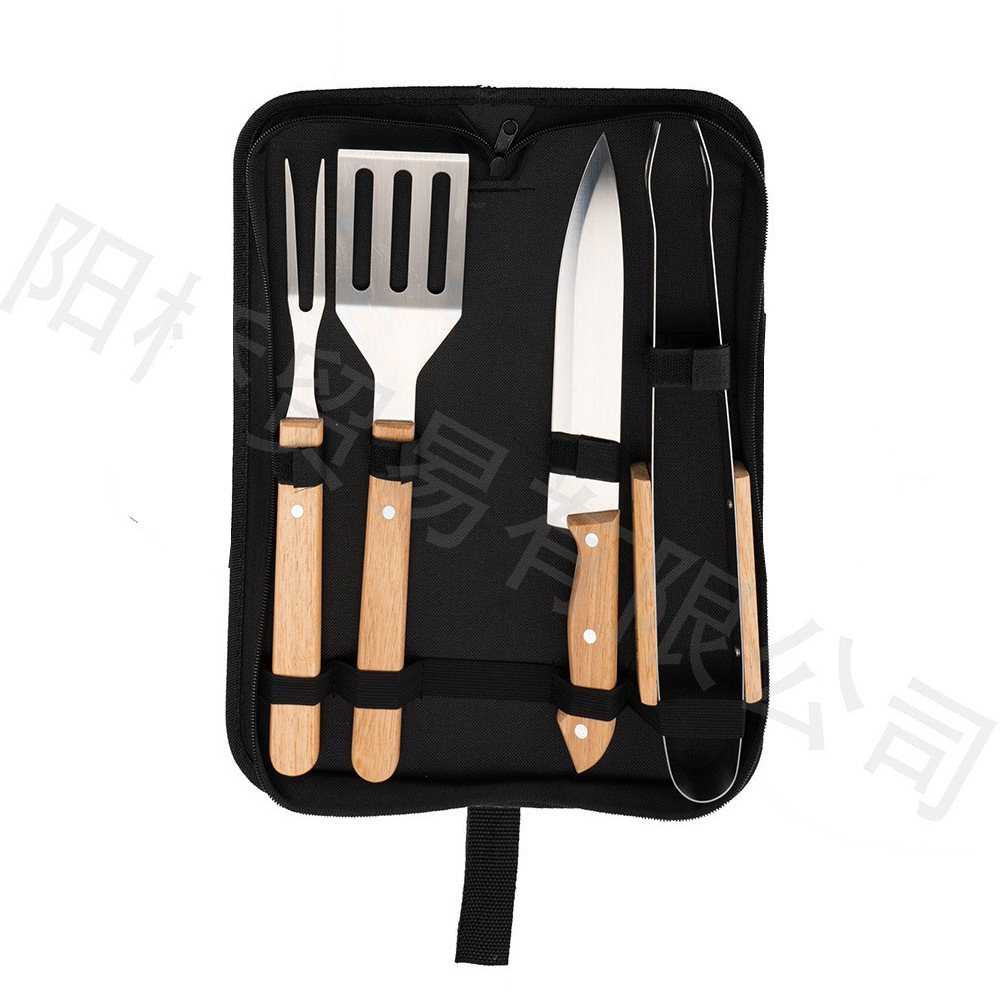 Fábrica amazon barbacoa herramientas bolsa de tela mango madera para hornear set traje picnic al aire libre cuchillo acero inoxidable tenedor pala clip