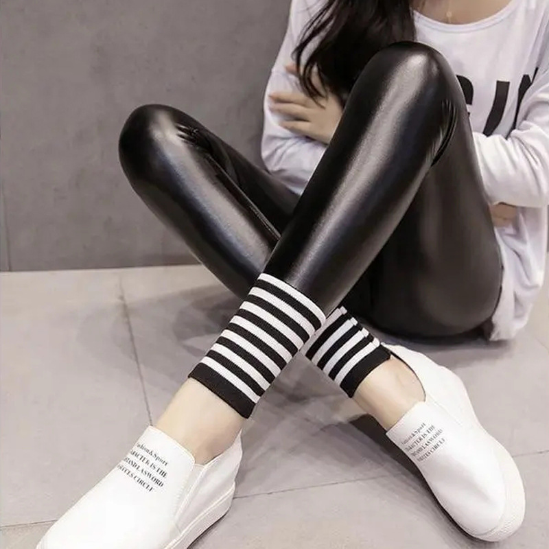 Cross-border New Foreign Trade Tight Leather Pants Women's Foot Mouth Striped Large Size Pu Leather Base Pants Outer Wear Elastic Leg Pants