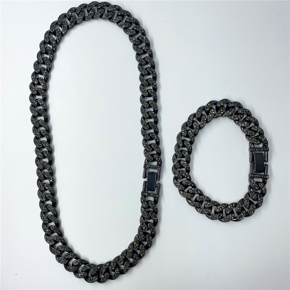 跨境新款街头潮人12.5mm 欧美亚马逊双排满钻嘻哈古巴链手链项链