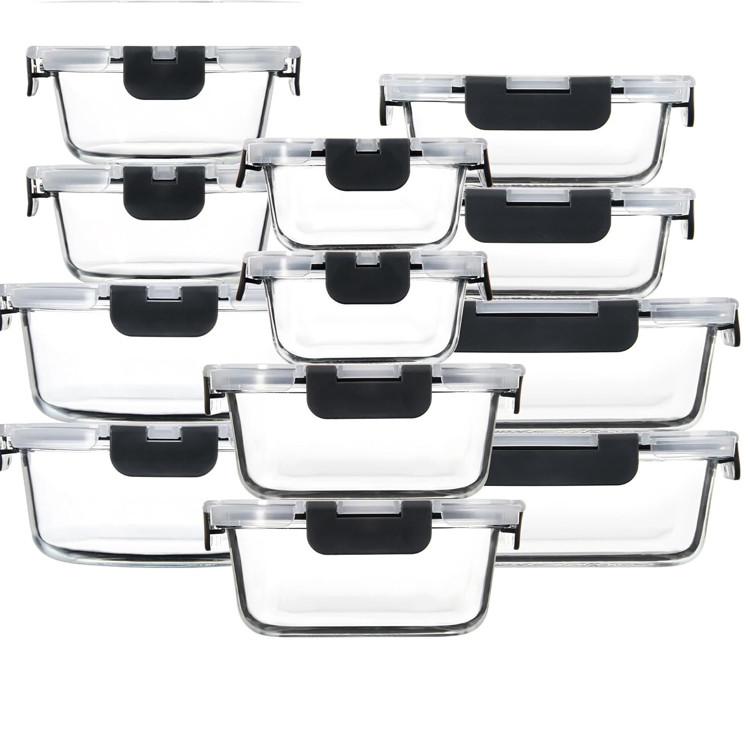 Set de 12 recipientes de vidrio con tapas herméticas, aptos para microondas y almacenamiento.