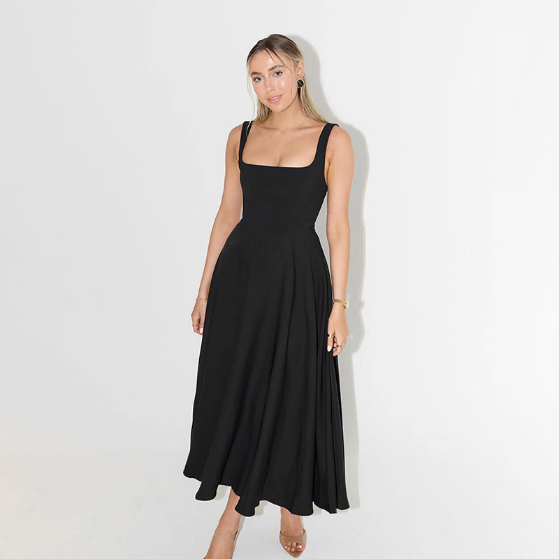A588DS European And American Cross-Border 2024 Summer New Solid Color Square Neck Sleeveless Strap Long Fashion Women's_ecoleips.com