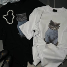 2025夏季新款女装韩版宽松小猫印花休闲短袖T恤百搭可爱圆领上衣