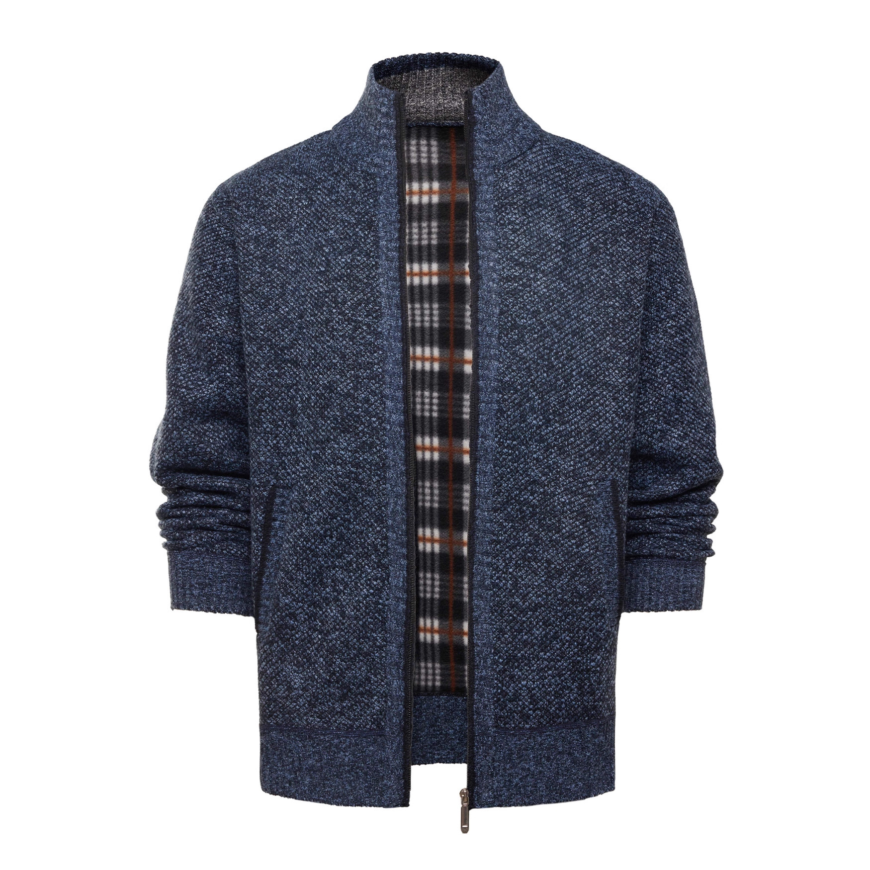 Nuevo transfronterizo Amazon otoño y invierno nuevo aguja fina de alta calidad para hombres con cardiganas de vello de cuello de pie abrigo de suéter cálido