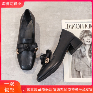 Genuine Leather Shoes Women's High Heel 2024 New Velvet Thick British Style Loafers Beans Black Single Shoes for Summer