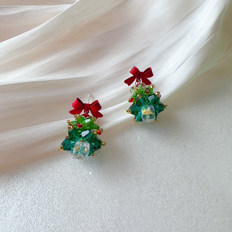 Boucles d'oreilles en perles faites à la main pour fille mignonne avec nœud rouge et sapin de Noël_voghion.com