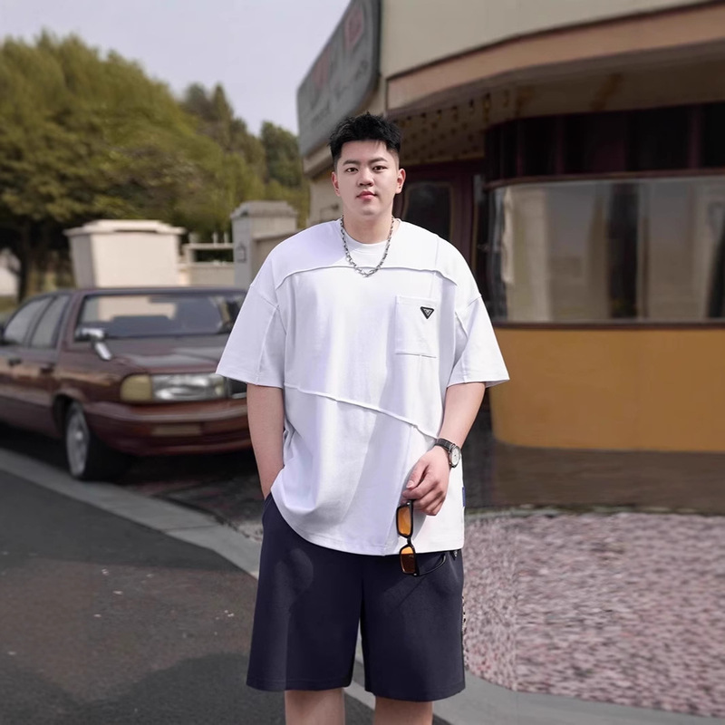 Chao Brand plus size Men's Summer Pure Cotton Short-sleeved T-shirt Men's Fat 300 Jin Fat Guy Plus Loose Casual Solid Color Top