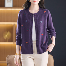 高档妈妈纯羊毛开衫女秋冬中老年圆领外搭针织衫毛衣外套加厚上衣