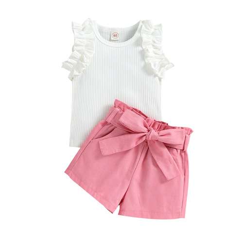 Baoxin Foreign Trade's new summer style girls' and middle-aged children's suits with striped ear-edge short sleeves + pink shorts